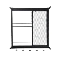 Floating Wine Bar Shelf with Glass Holder and Display Shelves, Iron Construction, Two-Tiered Storage, 26" L x 5" W x 28.5" H, Black(m-2)