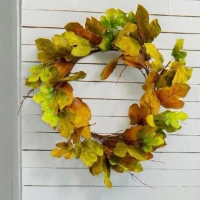 33" Maple Leaf Wreath for Harvest and Thanksgiving, Velvet Leaves Fall Decoration, Green+Mustard(m-5)