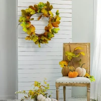 33" Maple Leaf Wreath for Harvest and Thanksgiving, Velvet Leaves Fall Decoration, Green+Mustard(m-4)