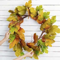 33" Maple Leaf Wreath for Harvest and Thanksgiving, Velvet Leaves Fall Decoration, Green+Mustard(m-1)