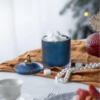 Set of 2 Vintage-Inspired Design Glass Candy Jars with Lids, Ideal for Candy, Jewelry, and Trinkets, 3.5" L x 3.5" W x 6" H Each, Blue+Gold(m-6)