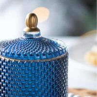 Set of 2 Vintage-Inspired Design Glass Candy Jars with Lids, Ideal for Candy, Jewelry, and Trinkets, 3.5" L x 3.5" W x 6" H Each, Blue+Gold(m-7)