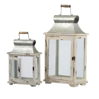 Set of 2 Decorative Hurricane Lantern Holder with Wood and Glass Construction, Candle Lantern Set for Home Garden Wedding Decor, White(m-12)
