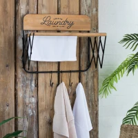 Vintage Farmhouse Charm Wall-Mounted Laundry Rack with Accordion Design, 3 Wooden Bars, 5 Hooks, for Towels and Delicates, Black Brown(m-1)