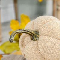 Set of 2 Fabric Weighted Pumpkin Ornaments, for Holiday Harvest, Fall Festival, and Thanksgiving Decor, 7" L x 7" W x 8" H, Beige(m-7)