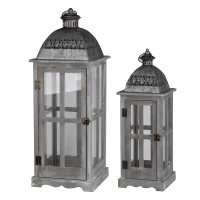 Set of 2 Decorative Hurricane Lantern Holder with Wood and Glass Construction, Candle Lantern Set for Home Garden Wedding Decor, Gray(m-12)