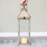 2 Wood and Glass Lantern Set with Elegant Design, Ideal for Home, Garden, or Wedding decor, Ivory(m-13)