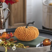 Set of 2 Chenille Weighted Pumpkin Ornaments, for Holiday Harvest, Fall Festival, and Thanksgiving Decor, 6.5" L x 6.5" W x 6" H, Orange(m-1)