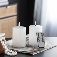 Set of 2 LED Candles with Wick and Remote Control Timer, 3" L x 3" W x 4" H, White(m-1)