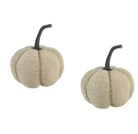 Set of 2 Fabric Weighted Pumpkin Ornaments, for Holiday Harvest, Fall Festival, and Thanksgiving Decor, 7" L x 7" W x 8" H, Beige(m-2)