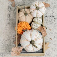 Set of 2 Fabric Weighted Pumpkin Ornaments, for Holiday Harvest, Fall Festival, and Thanksgiving Decor, 7" L x 7" W x 8" H, Beige(m-5)