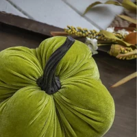 Set of 2 Velvet Weighted Pumpkin Ornaments with Resin Stem, for Holiday Harvest and Thanksgiving Decor, 8.5" L x 8.5" W x 10" H, Green(m-6)