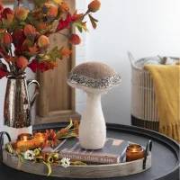 Set of 2 Mushroom Holiday Ornaments for Fall Festival and Thanksgiving, Farmhouse Design Table Decorations, 7" L x 7" W x 12" H, Beige+Light Brown(m-4)