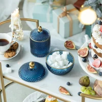 Set of 2 Vintage-Inspired Design Glass Candy Jars with Lids, Ideal for Candy, Jewelry, and Trinkets, 3.5" L x 3.5" W x 6" H Each, Blue+Gold(m-1)