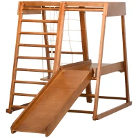 Qaba 6-in-1 Indoor Jungle Gym Playground with Slide, Climbing Wall, Rope Climber, Monkey Bars, Swing, Toddler Climbing Toys for 3-10 Years Old, Wood(m-11)
