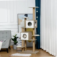 PawHut 69.75" Wood Cat Tree, Cat Condo Tower with Scratching Post, Toy Ball for Indoor Cats, Light Grey(m-1)