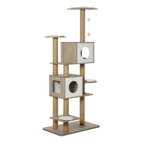PawHut 69.75" Wood Cat Tree, Cat Condo Tower with Scratching Post, Toy Ball for Indoor Cats, Light Grey(m-11)