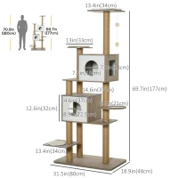 PawHut 69.75" Wood Cat Tree, Cat Condo Tower with Scratching Post, Toy Ball for Indoor Cats, Light Grey(m-3)