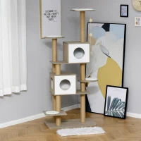 PawHut 69.75" Wood Cat Tree, Cat Condo Tower with Scratching Post, Toy Ball for Indoor Cats, Light Grey(m-8)