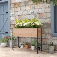 Outsunny Wooden Elevated Planter Box, Raised Garden Bed with Wheels, Metal Legs, Drainage Holes and Bed Liner(m-8)