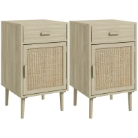 HOMCOM Boho Bedside Tables Set of 2, Nightstands with Drawer, Rattan Cabinet, Adjustable Shelf for Bedroom, Living Room, Oak(m-11)