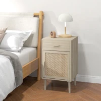 HOMCOM Boho Bedside Tables Set of 2, Nightstands with Drawer, Rattan Cabinet, Adjustable Shelf for Bedroom, Living Room, Oak(m-9)