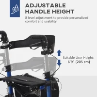 HOMCOM Lightweight Folding Rolling Walker with Large Seat, Back, Adjustable Handle, Bag, Dual Brake, Cane Holder, Blue(m-5)