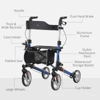 HOMCOM Lightweight Folding Rolling Walker with Large Seat, Back, Adjustable Handle, Bag, Dual Brake, Cane Holder, Blue(m-7)