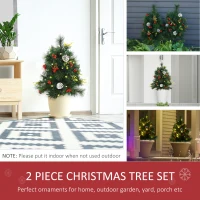 HOMCOM 24in Christmas Tree 2-Pack Outdoor Pre-Lit Artificial Pine Cordless with 24 Warm White Lights and Stakes(m-6)