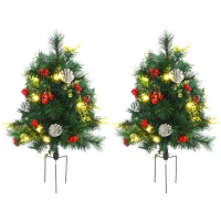 HOMCOM 24in Christmas Tree 2-Pack Outdoor Pre-Lit Artificial Pine Cordless with 24 Warm White Lights and Stakes(m-2)