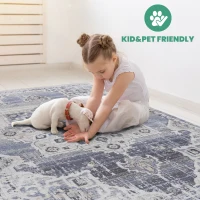 6x9 Stain-Resistant Area Rug with Cotton Backing, Medium Pile Height, Kid and Pet-Friendly Carpet, 93" L x 79" W x 0.3" H, Cream+Blue(m-3)