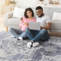 2x8 Stain-Resistant Area Rug with Cotton Backing, Carpet for Living Room, Bedroom, Home Office, 96" L x 26" W x 0.3" H, Cream+Blue(m-7)