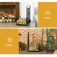 HOMCOM Firewood Rack Outdoor Indoor with 4-Piece Fireplace Tools, Firewood Holder Includes Poker, Tongs, Broom, Shovel, Wood Storage Log Holder for Fireplace, Wood Stove, Hearth or Fire Pit, Black(m-6)