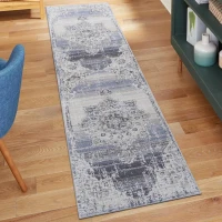 2x8 Stain-Resistant Area Rug with Cotton Backing, Carpet for Living Room, Bedroom, Home Office, 96" L x 26" W x 0.3" H, Cream+Blue(m-1)