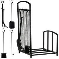 HOMCOM Firewood Rack Outdoor Indoor with 4-Piece Fireplace Tools, Firewood Holder Includes Poker, Tongs, Broom, Shovel, Wood Storage Log Holder for Fireplace, Wood Stove, Hearth or Fire Pit, Black(m-1)