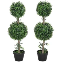 HOMCOM Set of 2 Artificial Ball Boxwood Topiary Trees, Fake Plants in Pot for Indoor Outdoor Living Room Green(m-1)