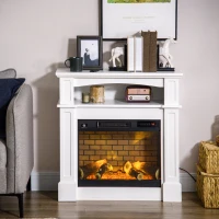 HOMCOM 32" Electric Fireplace with Mantel, Freestanding Heater with LED Log Flame, Shelf and Remote Control, 1400W, White(m-10)