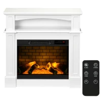 HOMCOM 32" Electric Fireplace with Mantel, Freestanding Heater with LED Log Flame, Shelf and Remote Control, 1400W, White(m-11)