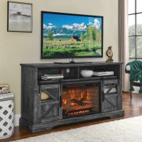 60" Electric Fireplace Entertainment Center with Door Sensor, Adjustable Shelves, Remote Control, 60" L x 16" W x 32" H, Dark Oak(m-4)