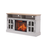 58" Entertainment Center with 23" Electric Fireplace, Glass Doors, TV Stand with Storage for TVs up to 70 Inch, 58" L x 15.5" W x 32" H, White(m-10)