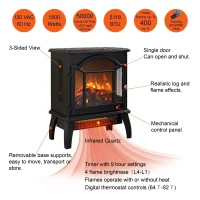 18" 3D Flame Electric Infrared Quartz Fireplace Stove with Adjustable Thermostat, Remote Control, and Safety Features, Antique Black(m-4)