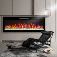 60" Recessed Ultra-Thin Wall Mounted Electric Fireplace with Remote, Multi-Color Flame, Ember Bed, and LED Light Heater, Antique Black