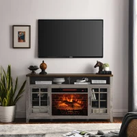 55" TV Media Stand with Electric Fireplace, Entertainment Center with Adjustable Shelves, Cable Management, Gray Wash(m-1)