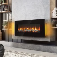 48" Remote Curved Wall Mounted Electric Fireplace with Multi-Color Flame, Ember Bed, and Adjustable Backlight, Antique Black(m-5)