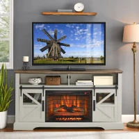 60" Electric Fireplace Entertainment Center with Door Sensor, Adjustable Flame Brightness, Remote Control, 60" L x 16" W x 32" H, White(m-1)