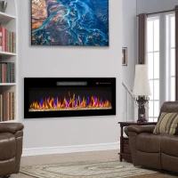 36" Remote Wall Mounted Electric Fireplace with Ultra Thin Tempered Glass Front, Multi-Color Flame, and LED Light Heater, Antique Black(m-1)