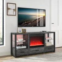 60" Electric Fireplace Media TV Stand Fits TVs Up to 70" with Sync LED Lights, Adjustable Flame Settings, and Multiple Storage Spaces, Dark Oak(m-4)