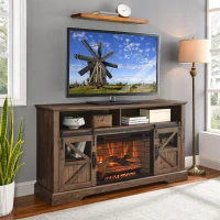60" Electric Fireplace Entertainment Center with Door Sensor, Adjustable Flame Brightness, Remote Control, 60" L x 16" W x 32" H, Brown(m-4)