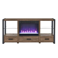 60" Electric Fireplace Media TV Stand Fits TVs up to 70" with Sync LED Lights, Flame Settings, and Storage Space, Reclaimed Barnwood(m-2)