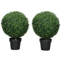 HOMCOM Set of 2 Artificial Ball Boxwood Topiary Trees, Fake Plants in Pot for Indoor Outdoor Living Room Green(m-1)